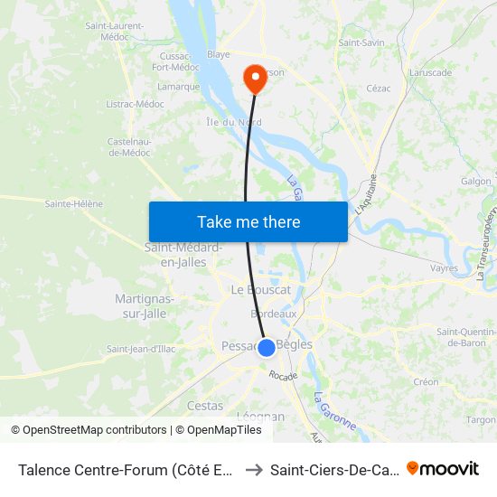 Talence Centre-Forum (Côté Esplanade) to Saint-Ciers-De-Canesse map