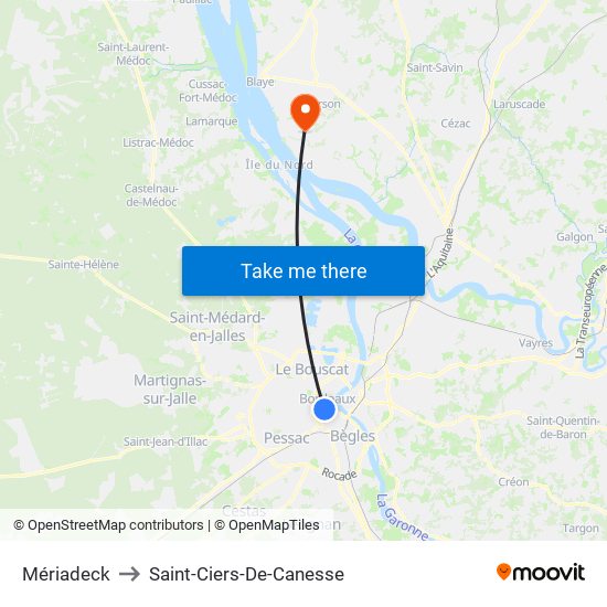 Mériadeck to Saint-Ciers-De-Canesse map