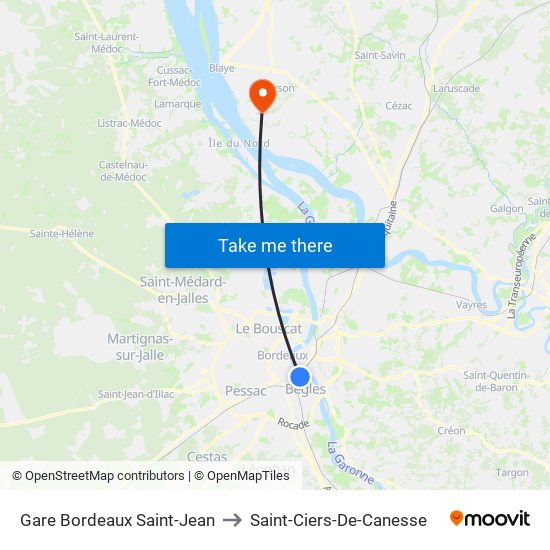 Gare Bordeaux Saint-Jean to Saint-Ciers-De-Canesse map