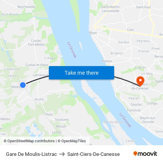 Gare De Moulis-Listrac to Saint-Ciers-De-Canesse map