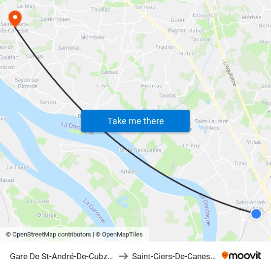 Gare De St-André-De-Cubzac to Saint-Ciers-De-Canesse map
