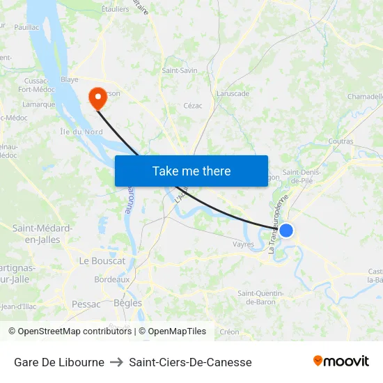 Gare De Libourne to Saint-Ciers-De-Canesse map