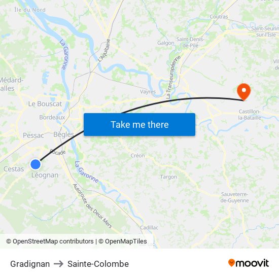 Gradignan to Sainte-Colombe map