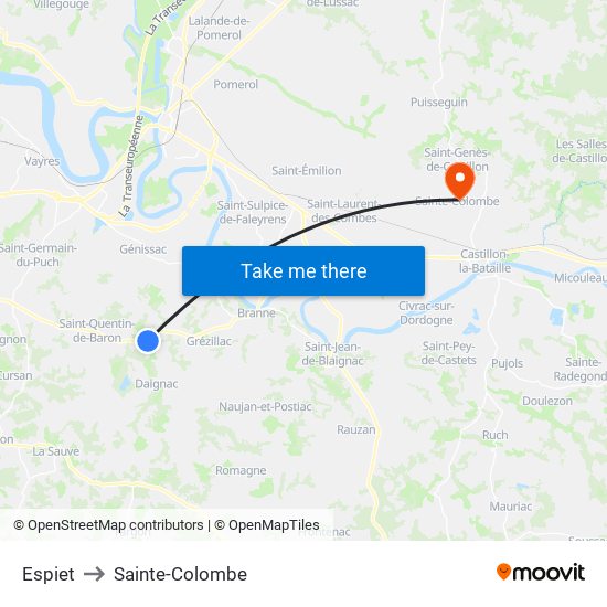 Espiet to Sainte-Colombe map