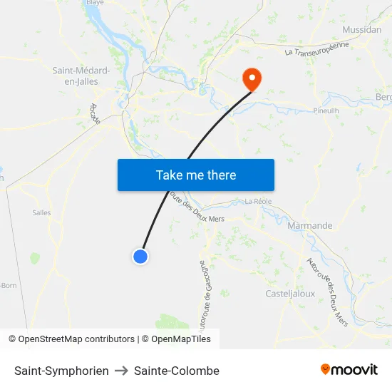 Saint-Symphorien to Sainte-Colombe map