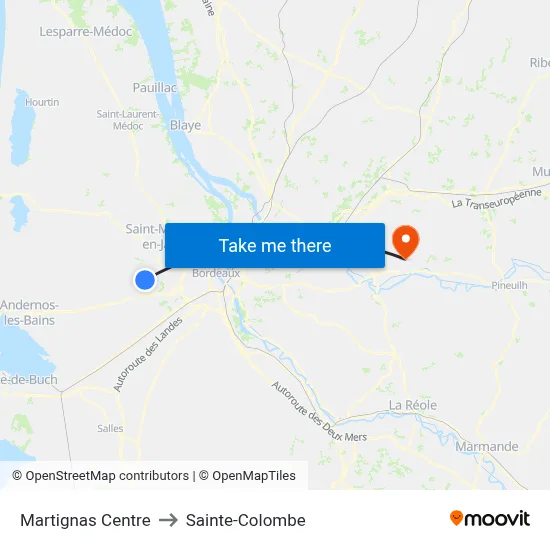 Martignas Centre to Sainte-Colombe map
