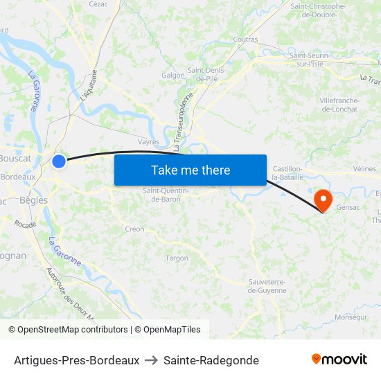 Artigues-Pres-Bordeaux to Sainte-Radegonde map