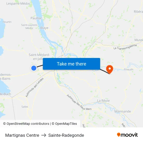Martignas Centre to Sainte-Radegonde map