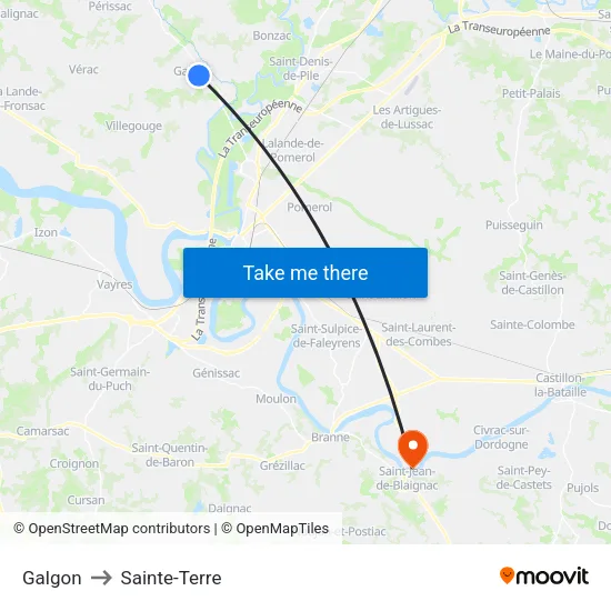 Galgon to Sainte-Terre map
