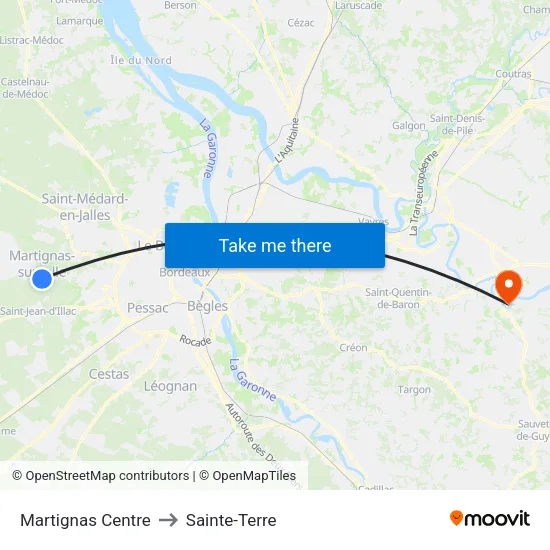 Martignas Centre to Sainte-Terre map