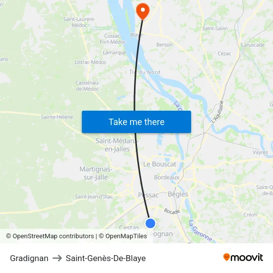 Gradignan to Saint-Genès-De-Blaye map