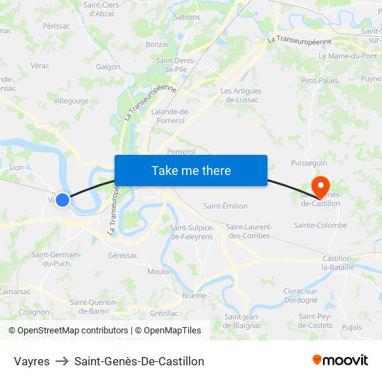 Vayres to Saint-Genès-De-Castillon map