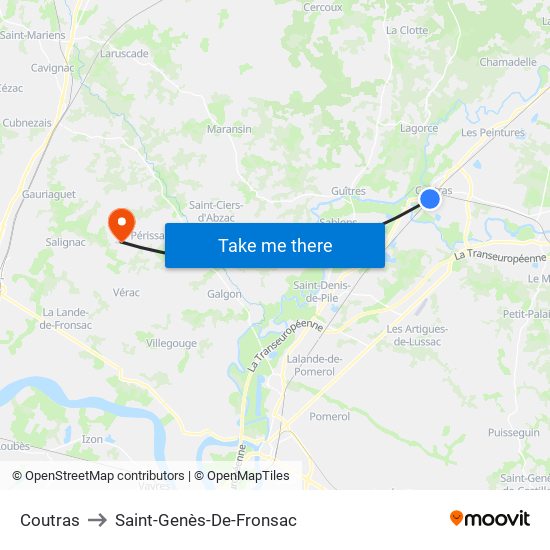 Coutras to Saint-Genès-De-Fronsac map