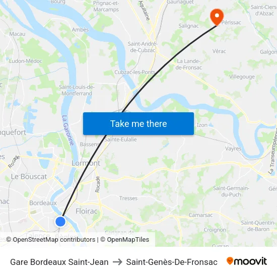 Gare Bordeaux Saint-Jean to Saint-Genès-De-Fronsac map