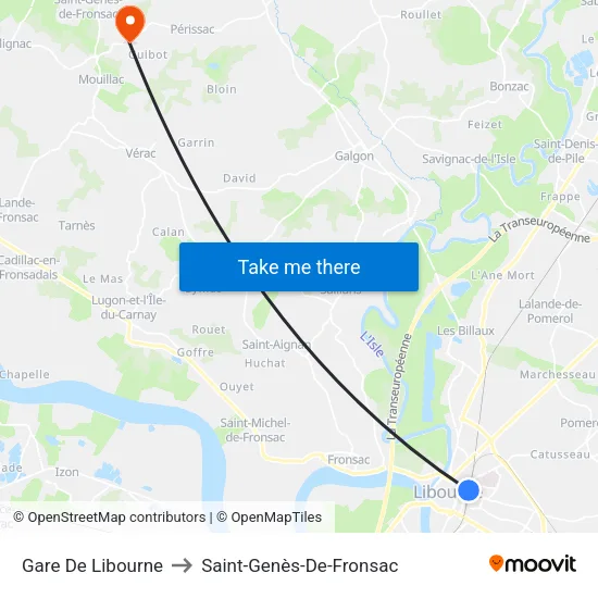 Gare De Libourne to Saint-Genès-De-Fronsac map