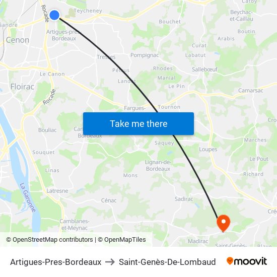 Artigues-Pres-Bordeaux to Saint-Genès-De-Lombaud map