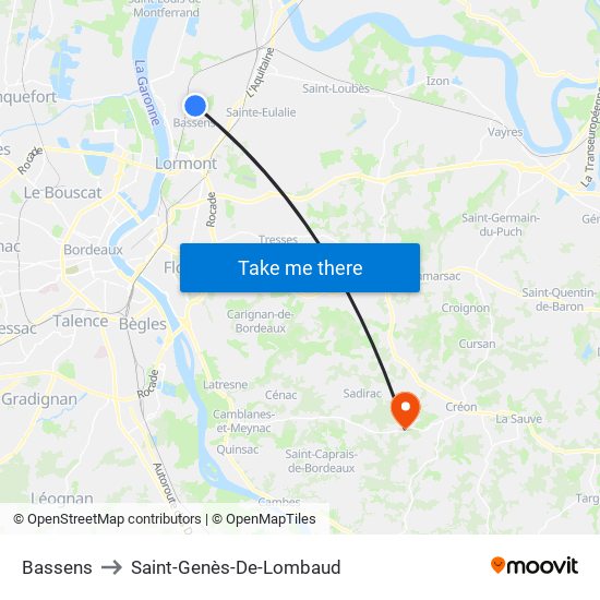 Bassens to Saint-Genès-De-Lombaud map