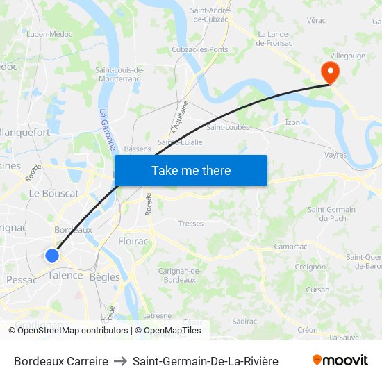 Bordeaux Carreire to Saint-Germain-De-La-Rivière map