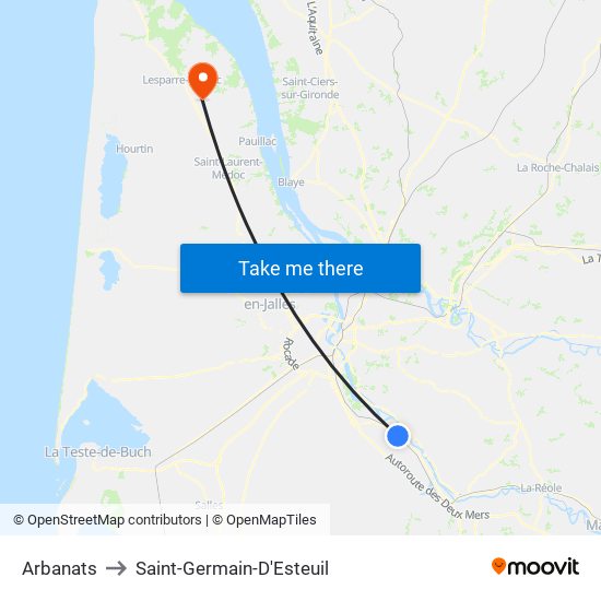 Arbanats to Saint-Germain-D'Esteuil map