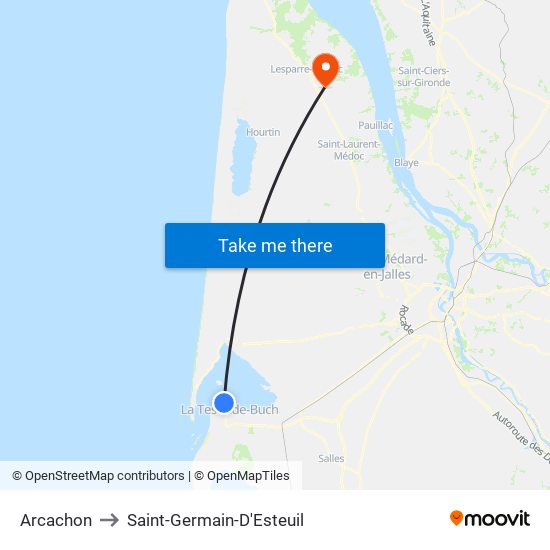 Arcachon to Saint-Germain-D'Esteuil map