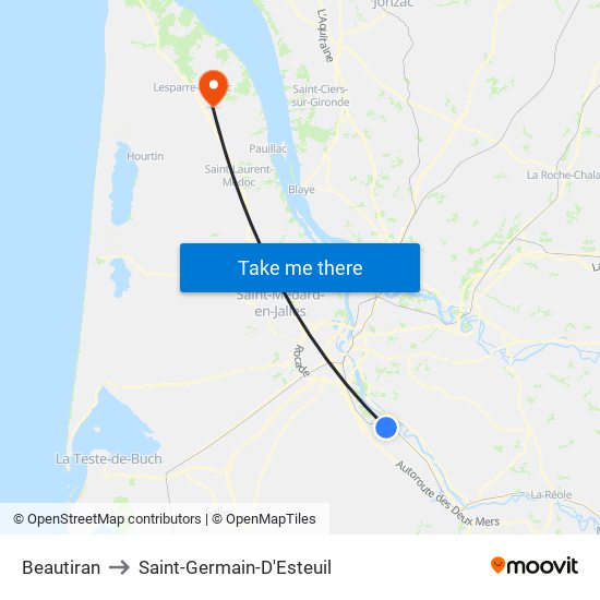 Beautiran to Saint-Germain-D'Esteuil map