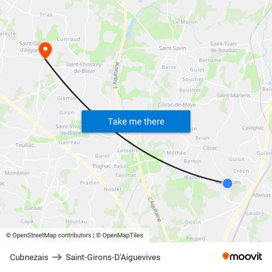 Cubnezais to Saint-Girons-D'Aiguevives map