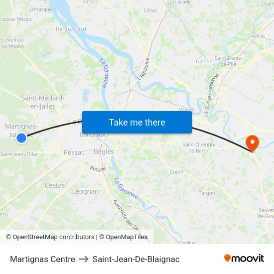 Martignas Centre to Saint-Jean-De-Blaignac map