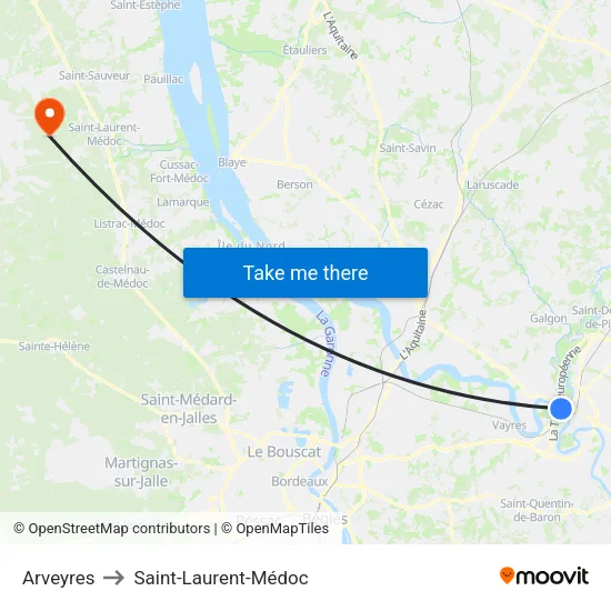 Arveyres to Saint-Laurent-Médoc map