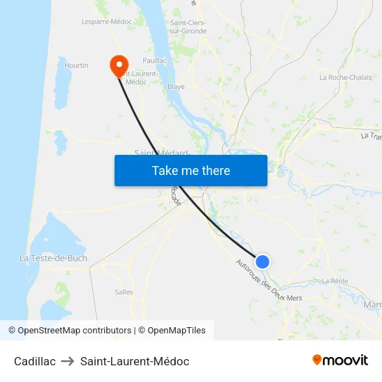 Cadillac to Saint-Laurent-Médoc map