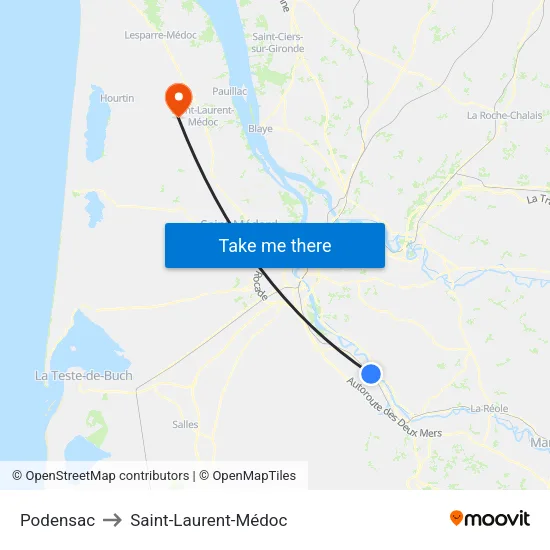 Podensac to Saint-Laurent-Médoc map
