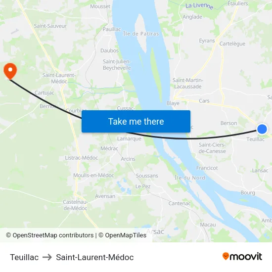 Teuillac to Saint-Laurent-Médoc map