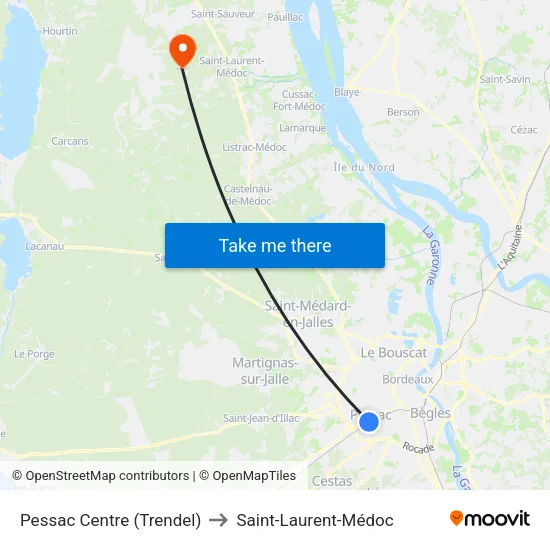 Pessac Centre (Trendel) to Saint-Laurent-Médoc map