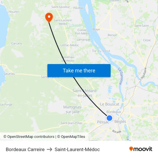 Bordeaux Carreire to Saint-Laurent-Médoc map