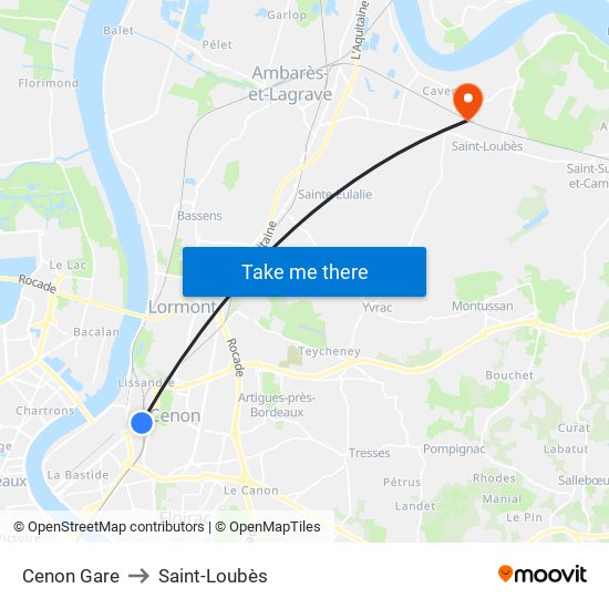 Cenon Gare to Saint-Loubès map
