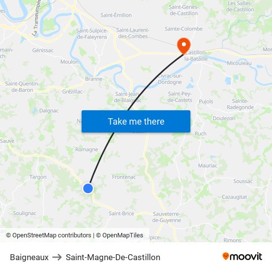 Baigneaux to Saint-Magne-De-Castillon map