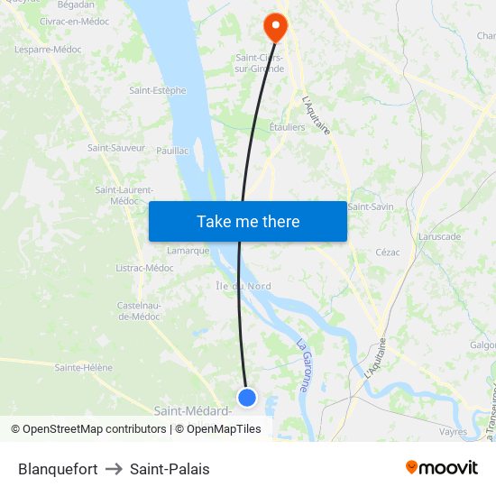 Blanquefort to Saint-Palais map