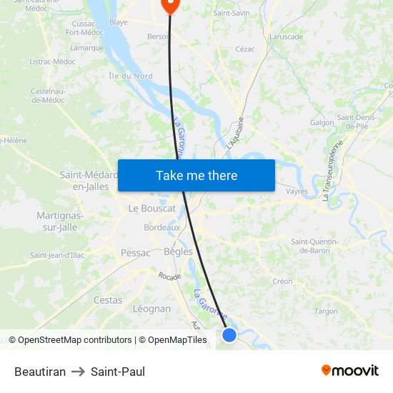 Beautiran to Saint-Paul map