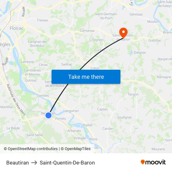 Beautiran to Saint-Quentin-De-Baron map