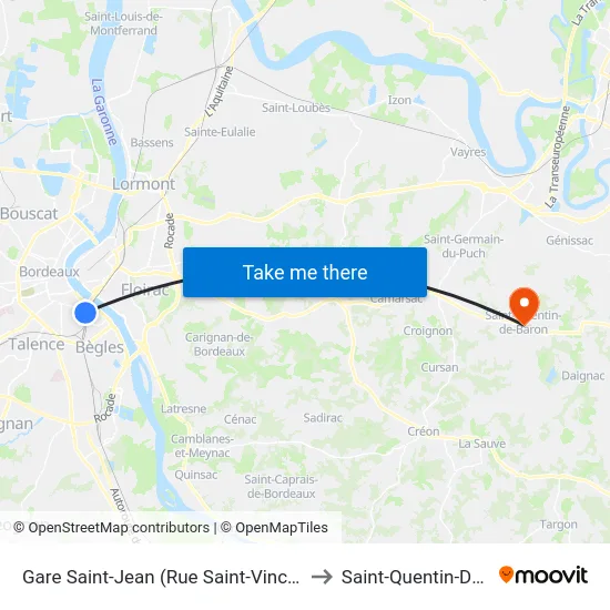 Gare Saint-Jean (Rue Saint-Vincent De Paul) to Saint-Quentin-De-Baron map