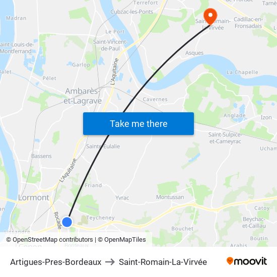 Artigues-Pres-Bordeaux to Saint-Romain-La-Virvée map