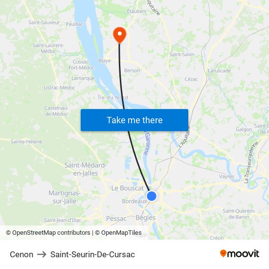 Cenon to Saint-Seurin-De-Cursac map