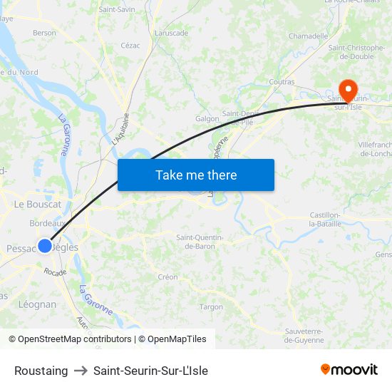 Roustaing to Saint-Seurin-Sur-L'Isle map