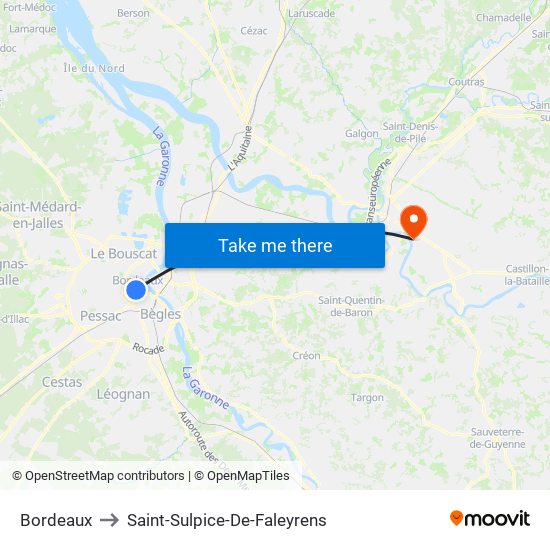 Bordeaux to Saint-Sulpice-De-Faleyrens map