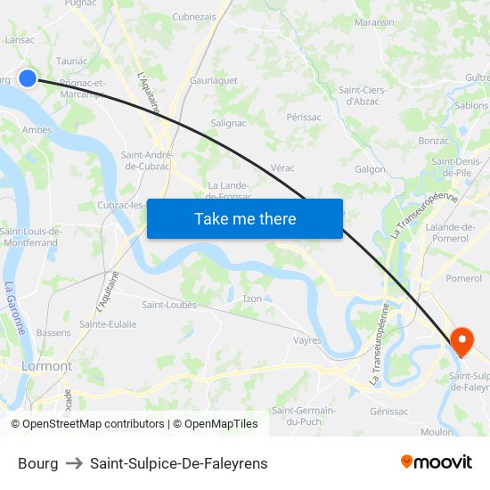 Bourg to Saint-Sulpice-De-Faleyrens map