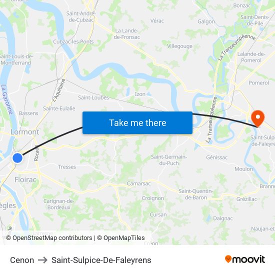 Cenon to Saint-Sulpice-De-Faleyrens map