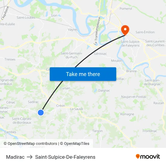 Madirac to Saint-Sulpice-De-Faleyrens map
