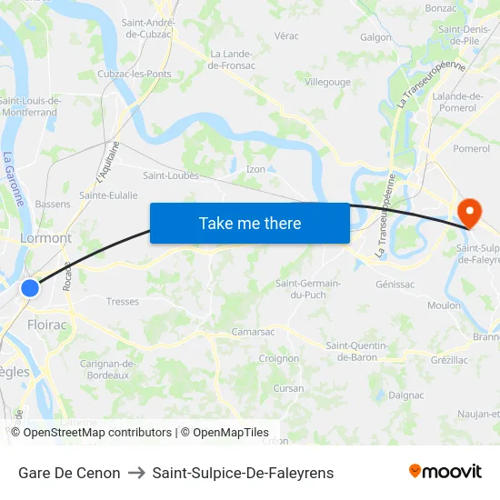 Gare De Cenon to Saint-Sulpice-De-Faleyrens map