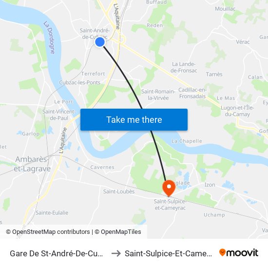 Gare De St-André-De-Cubzac to Saint-Sulpice-Et-Cameyrac map