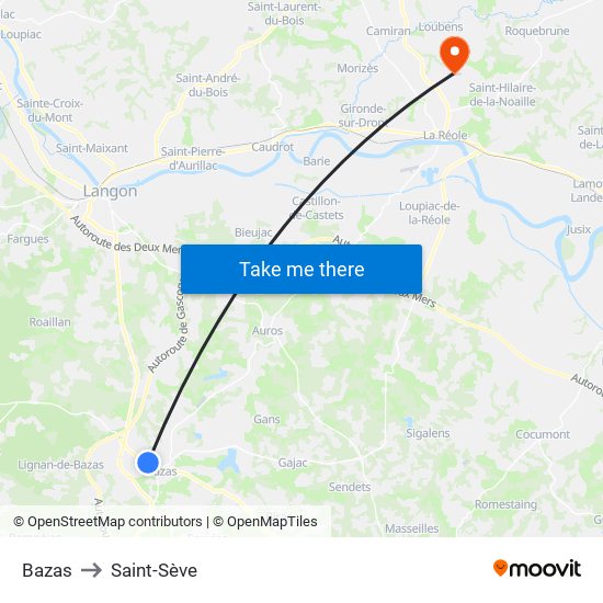 Bazas to Saint-Sève map
