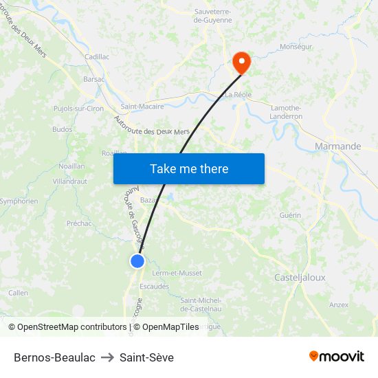 Bernos-Beaulac to Saint-Sève map